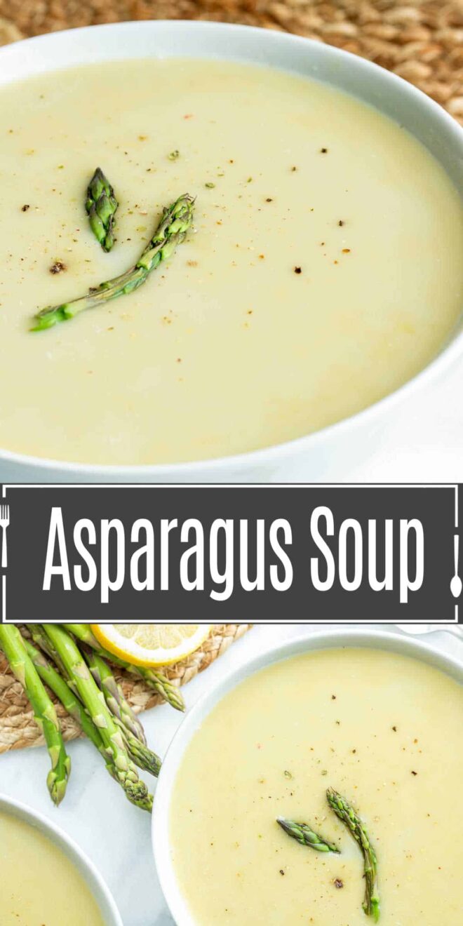 pinterest image of asparagus soup in white bowls