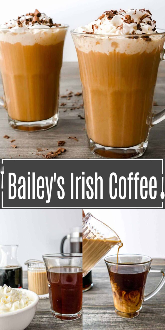 pinterest image of Bailey's Irish Coffee in glass mugs