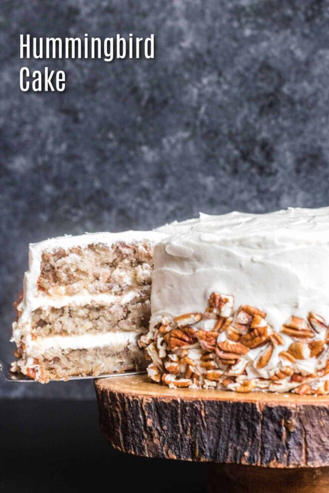 Pinterest image for hummingbird cake with title text
