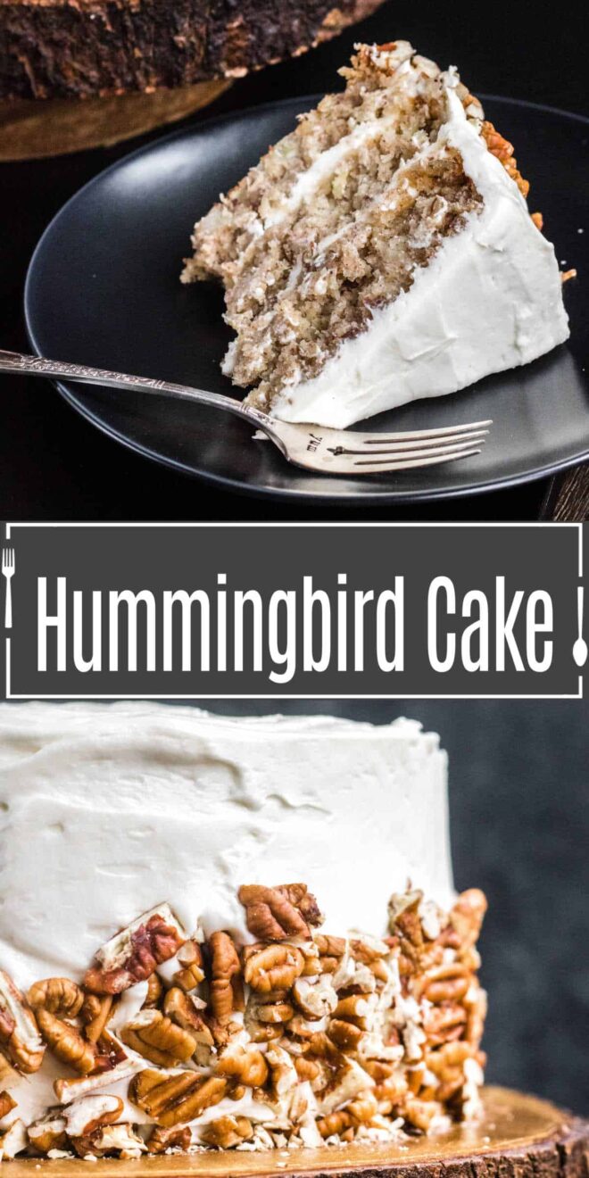 Pinterest image for hummingbird cake with title text