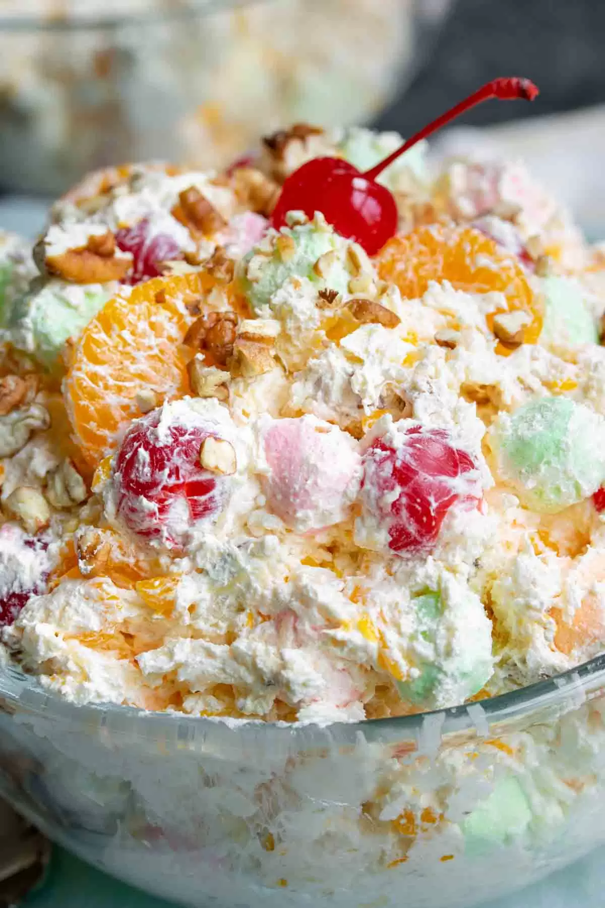 close up of ambrosia salad in a bowl