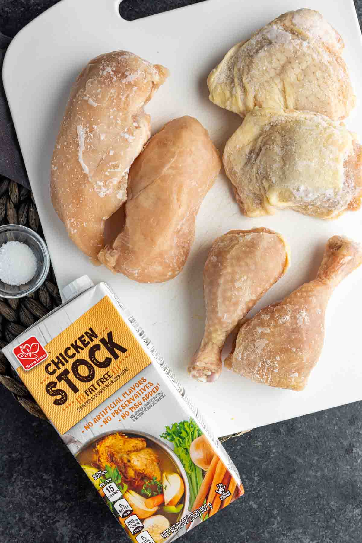 how to boil frozen chicken ingredients on a cutting board
