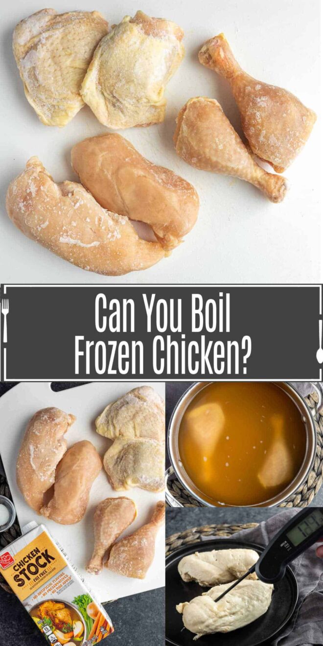 Pinterest image for boiled frozen chicken with title text