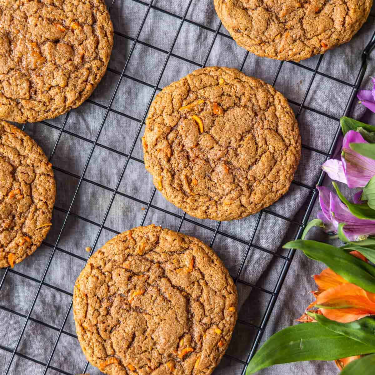 Carrot Cake Mix Cookies on rack with flowers