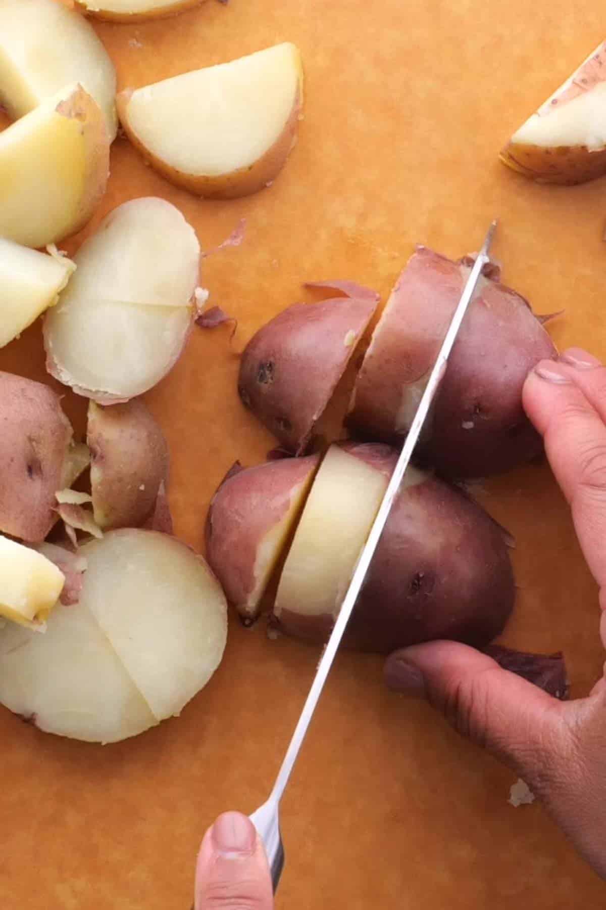 Cutting Boiled Potatoes for German potato salad