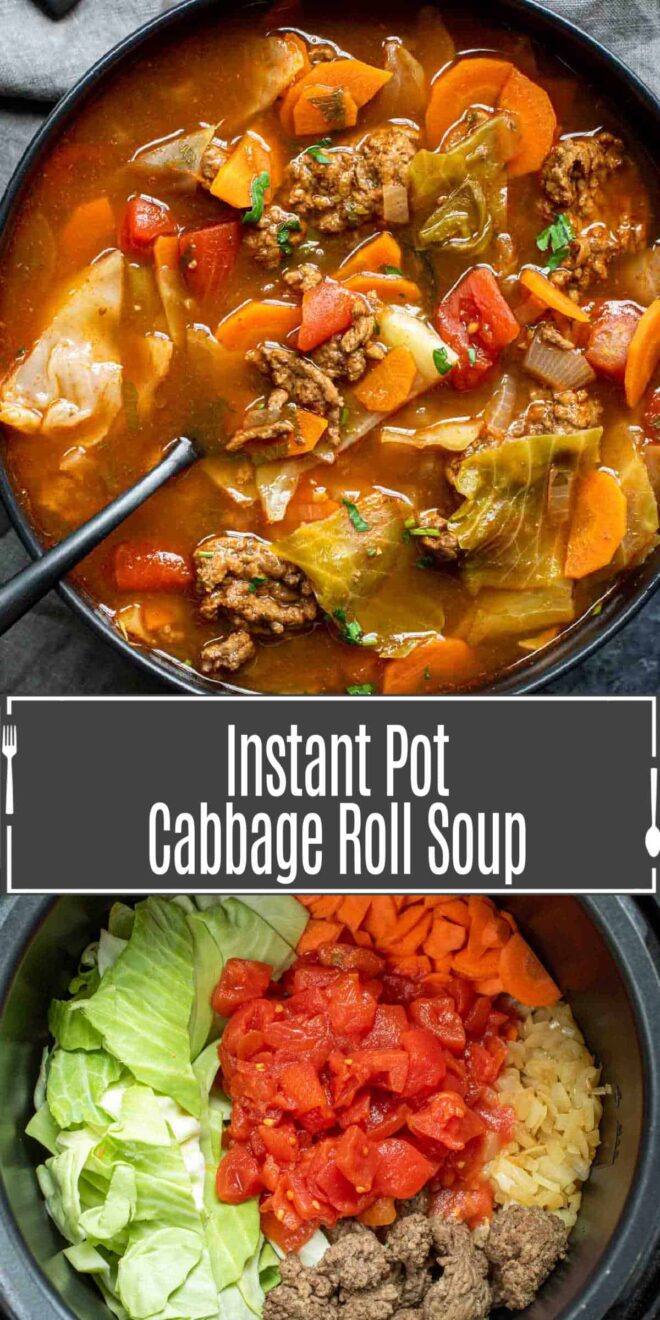 pinterest image of INSTANT POT CABBAGE ROLL SOUP