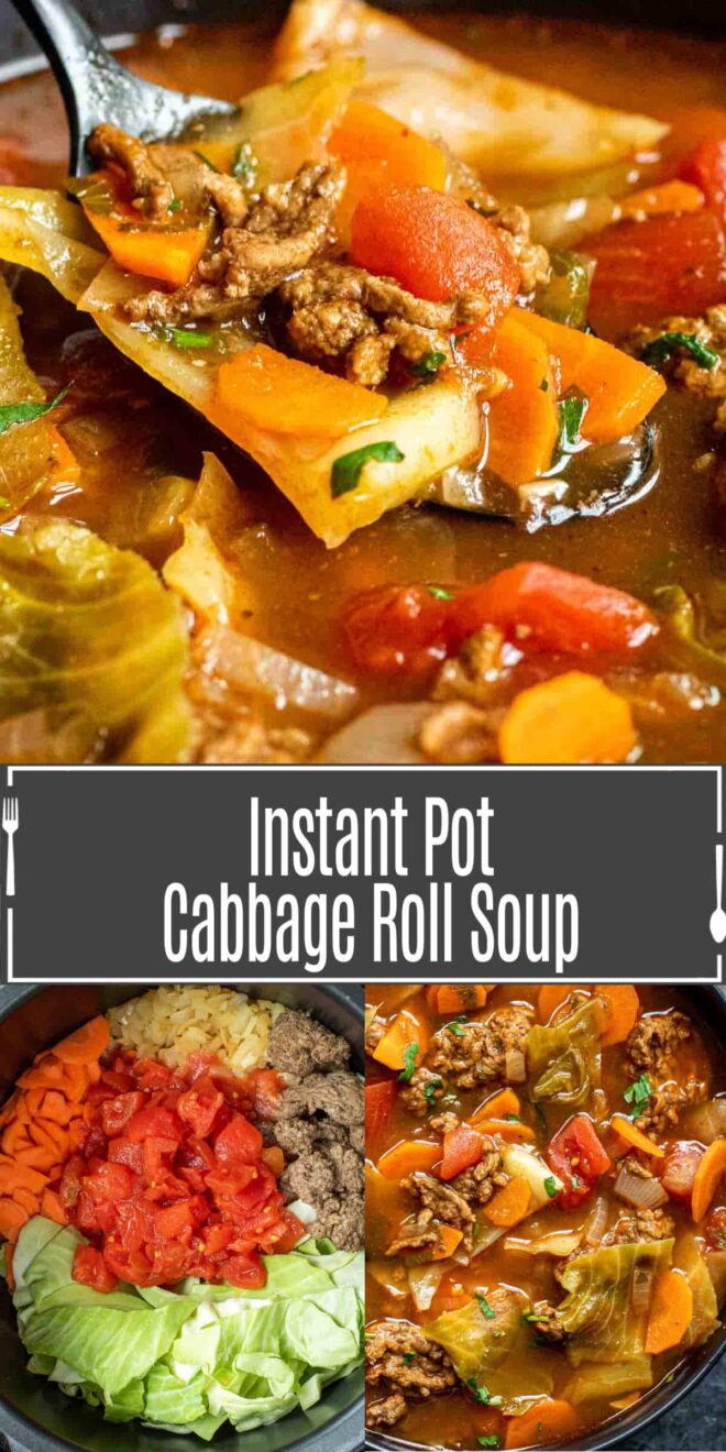 pinterest image of how to make INSTANT POT CABBAGE ROLL SOUP