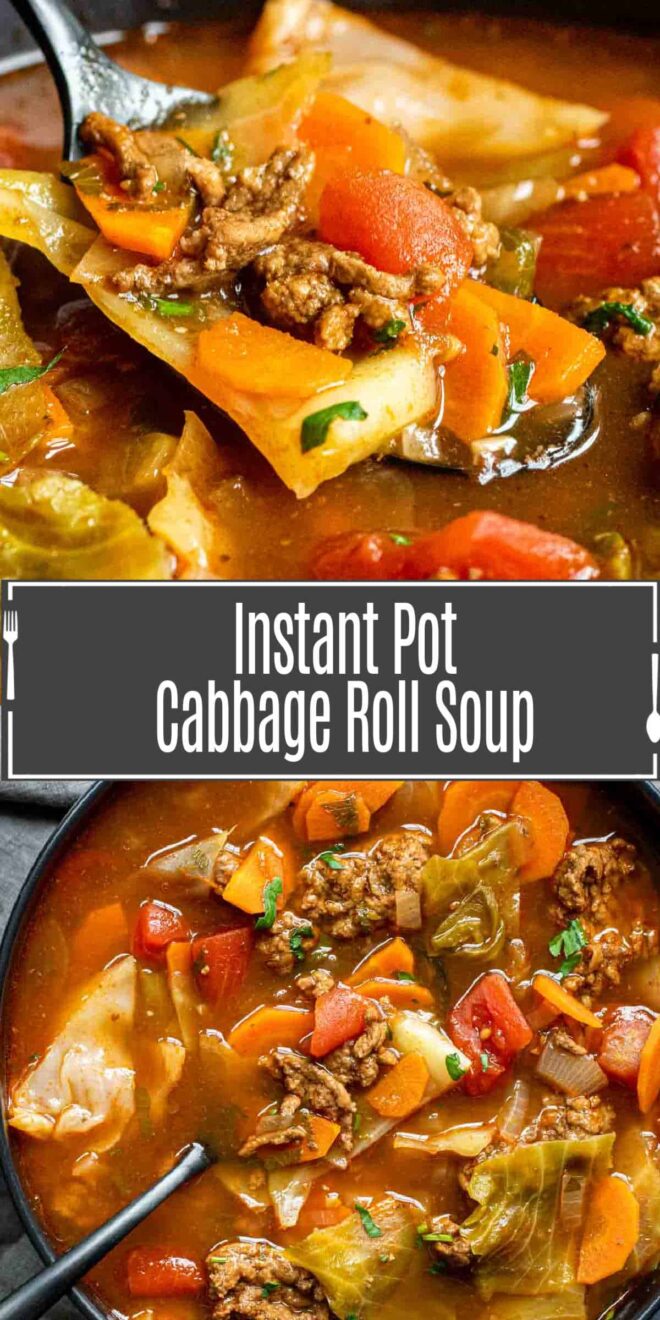 pinterest image of INSTANT POT CABBAGE ROLL SOUP