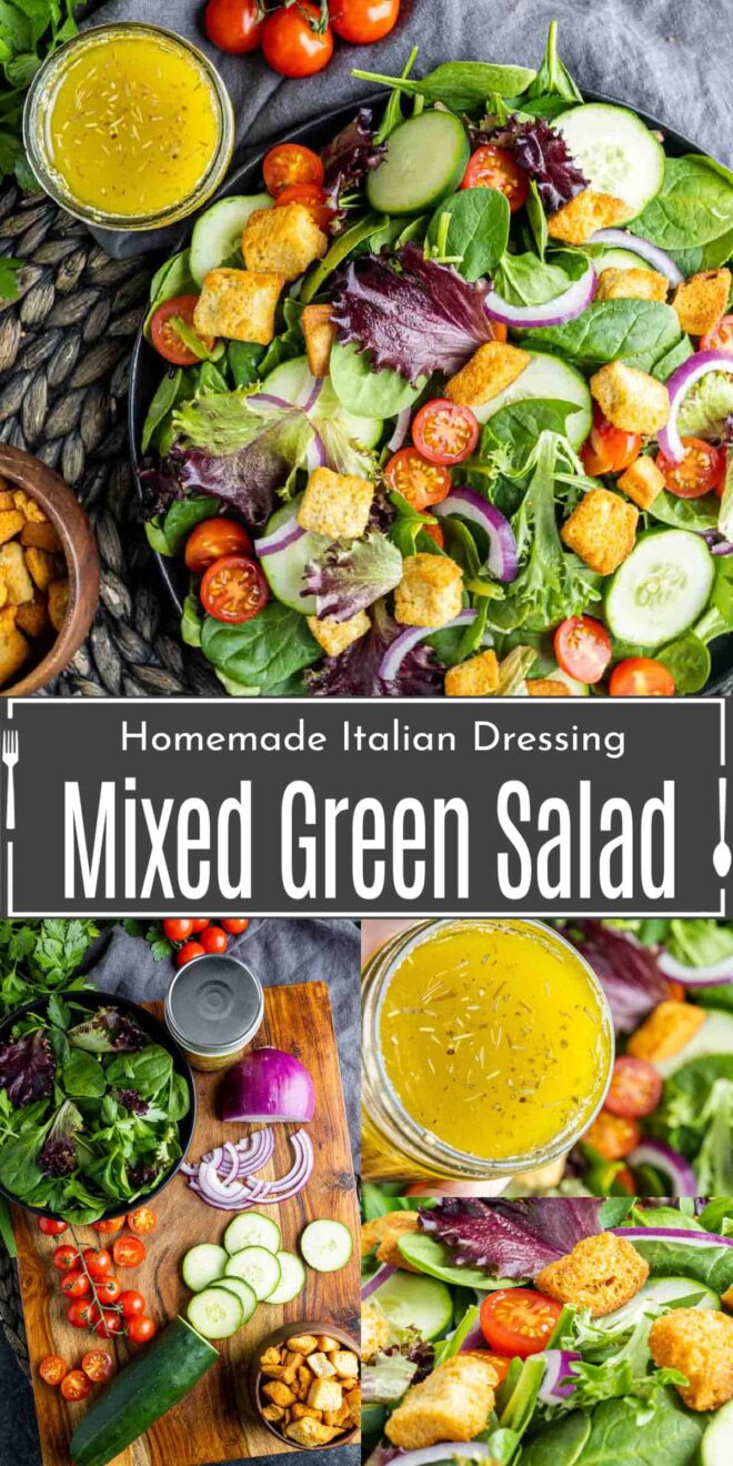 Pinterest description for mixed green salad with title text