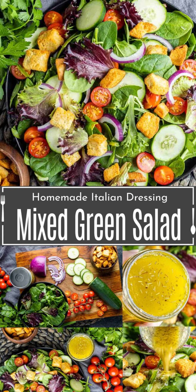 Pinterest description for mixed green salad with title text