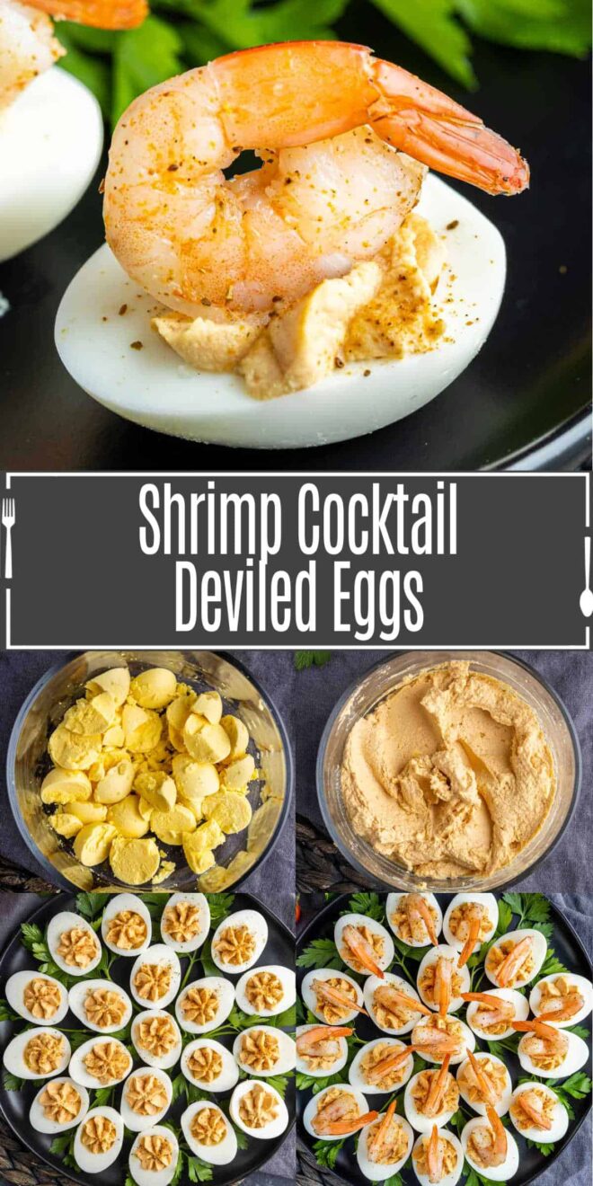 pinterest image of how to make Shrimp Cocktail Deviled Eggs