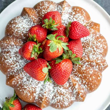 Sour Cream Pound Cake with fresh strawberries in the center