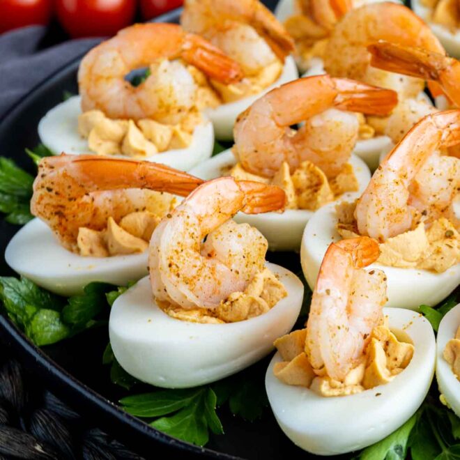 Close up of shrimp cocktail deviled eggs on a plate