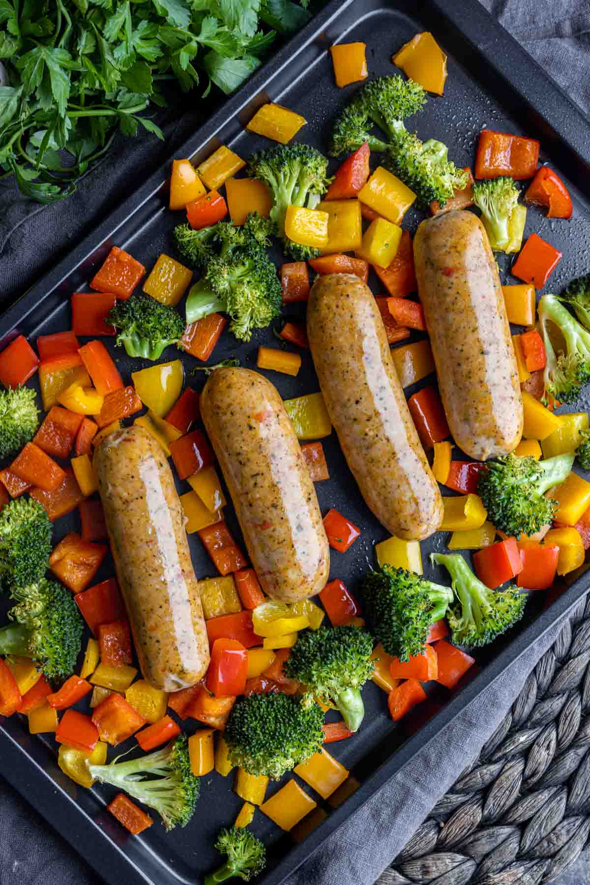 How to Cook Chicken Sausage on a sheet pan with chopped veggies