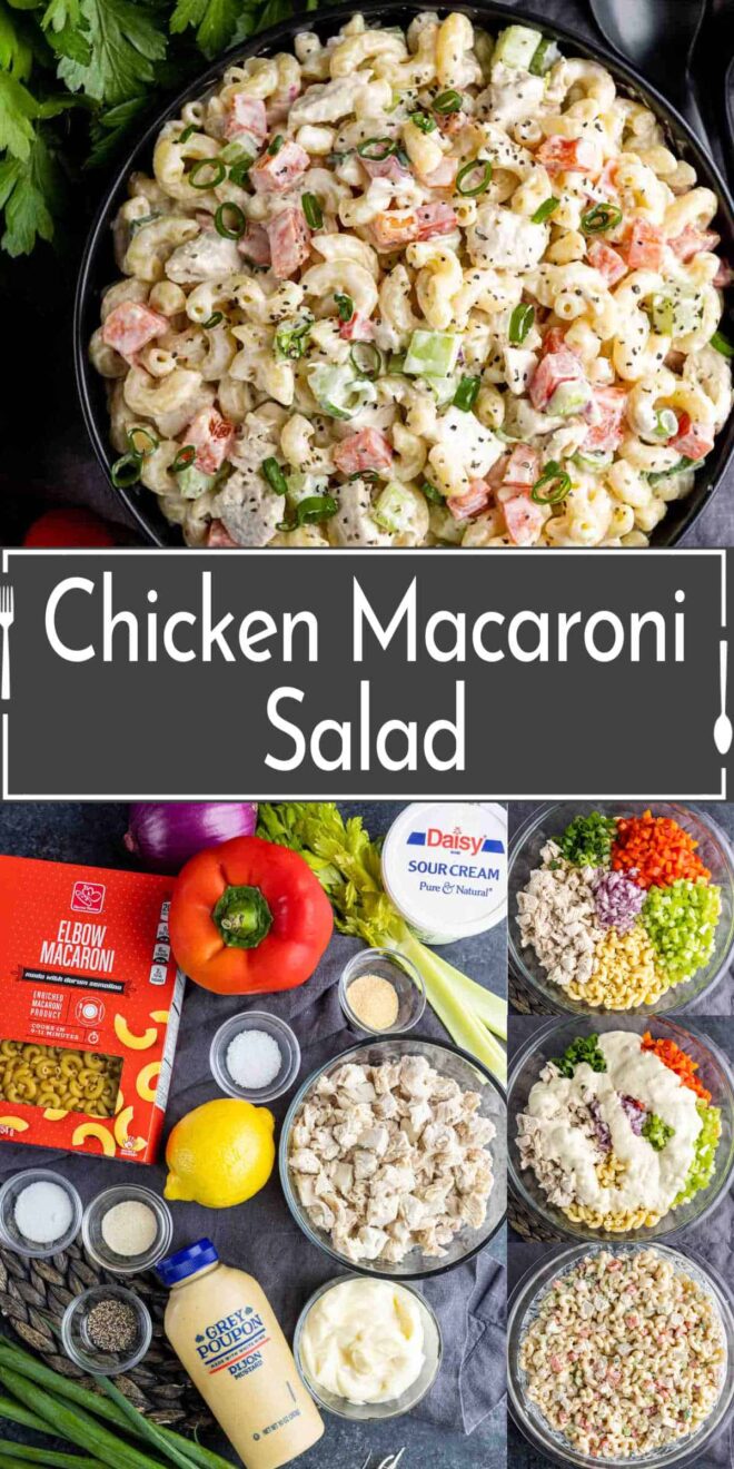 pinterest image of Chicken Macaroni Salad and ingredients