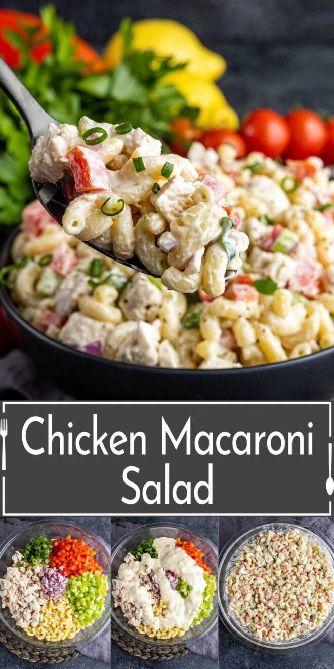 pinterest image the steps to make Chicken Macaroni Salad