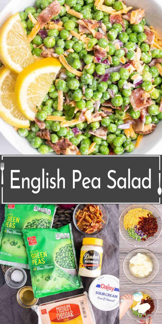 pointerst image of english pea salad and ingredients