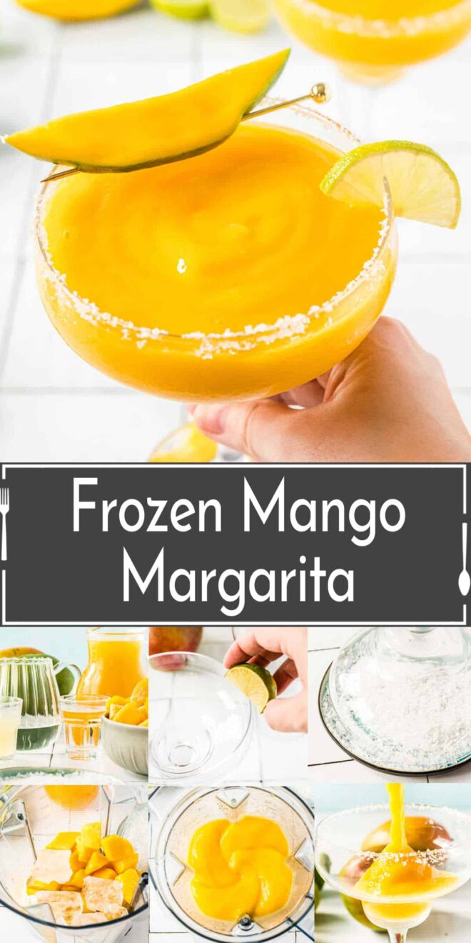 pinterest image of Frozen Mango Margarita ingredients and steps