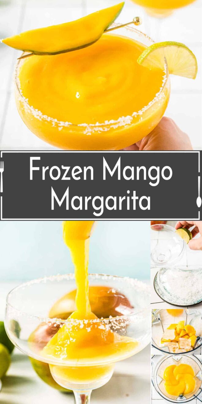 pinterest image of the steps to make Frozen Mango Margarita