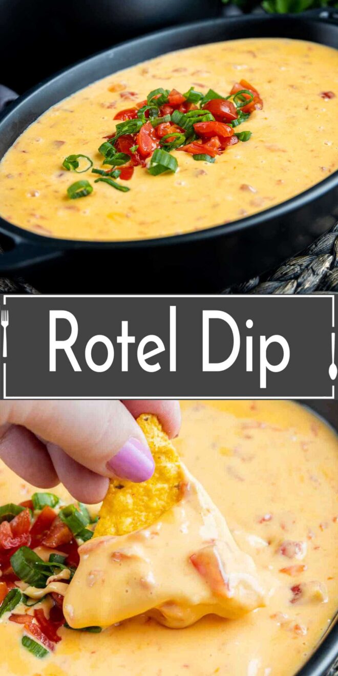 pinterest image of Rotel Dip in a black bowl and a chip dipped