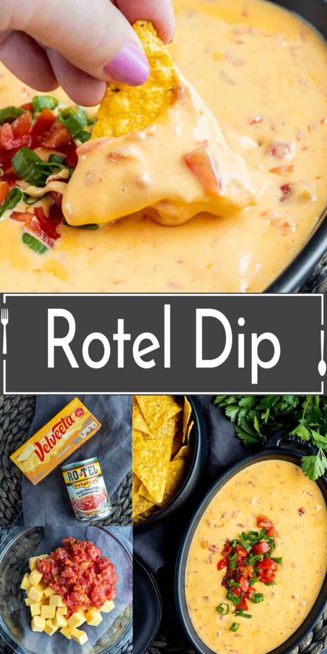 pinterest image of chip being dipped into Rotel Dip with ingredients