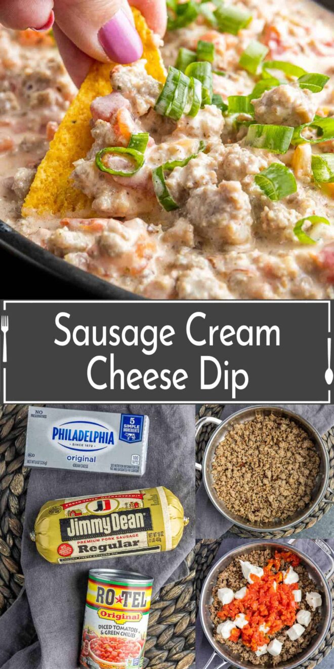 pinterest image of Sausage Cream Cheese Dip ingredients and steps