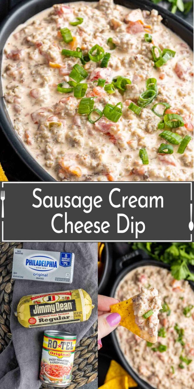 pinterest image of Sausage Cream Cheese Dip in a bowl and ingredients