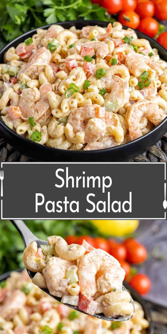 pinterest image of Shrimp Pasta Salad in a blacl bowl and spoon
