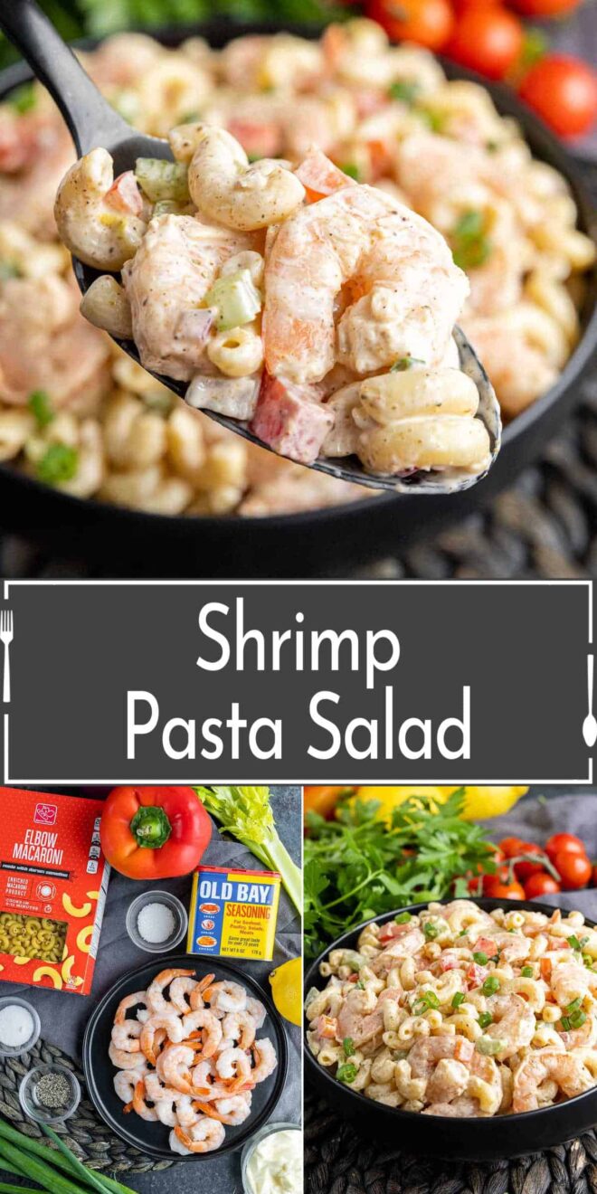 pinterest image of Shrimp Pasta Salad ingredients