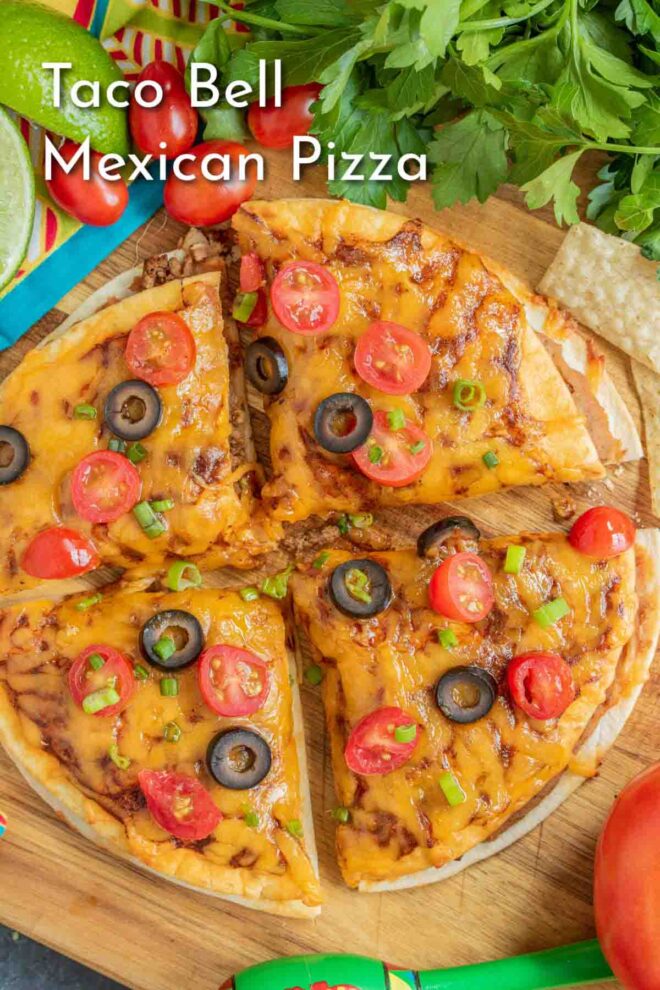 pinterest image of Taco Bell Mexican Pizza with parsley and tomatoes