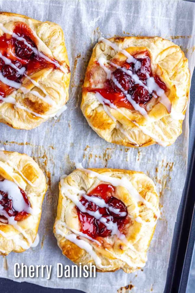 pinterest image of Cherry Danish on a sheet pan with parchment paper