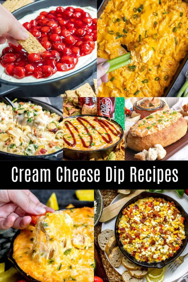 pinterest image of a collage of different Cream Cheese Dip Recipes that are sweet and savory