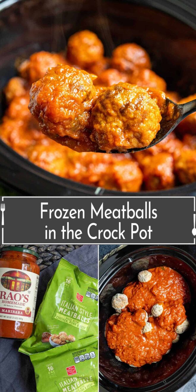 pinterest image of ingredients to make Frozen Meatballs in the Crock Pot