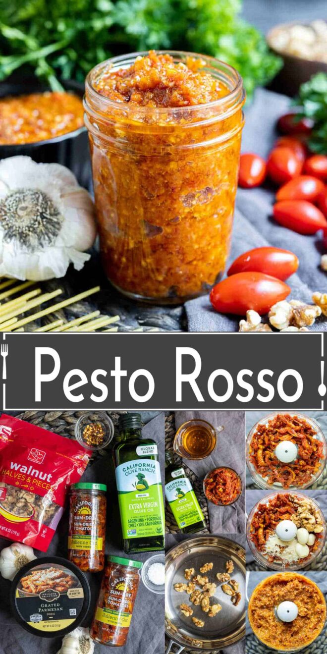 pinterest image of a glass jar of Pesto Rosso with ingredients and steps