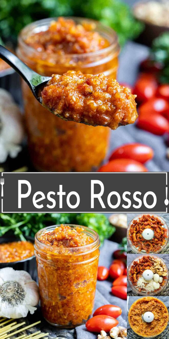 pinterest image of a spoonful of red pesto and glass jar of Pesto Rosso with steps in the food processor
