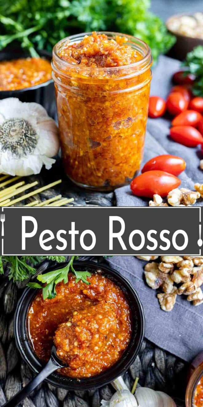 pinterest image of a glass jar of Pesto Rosso and black bowl of sun-dried tomato pesto