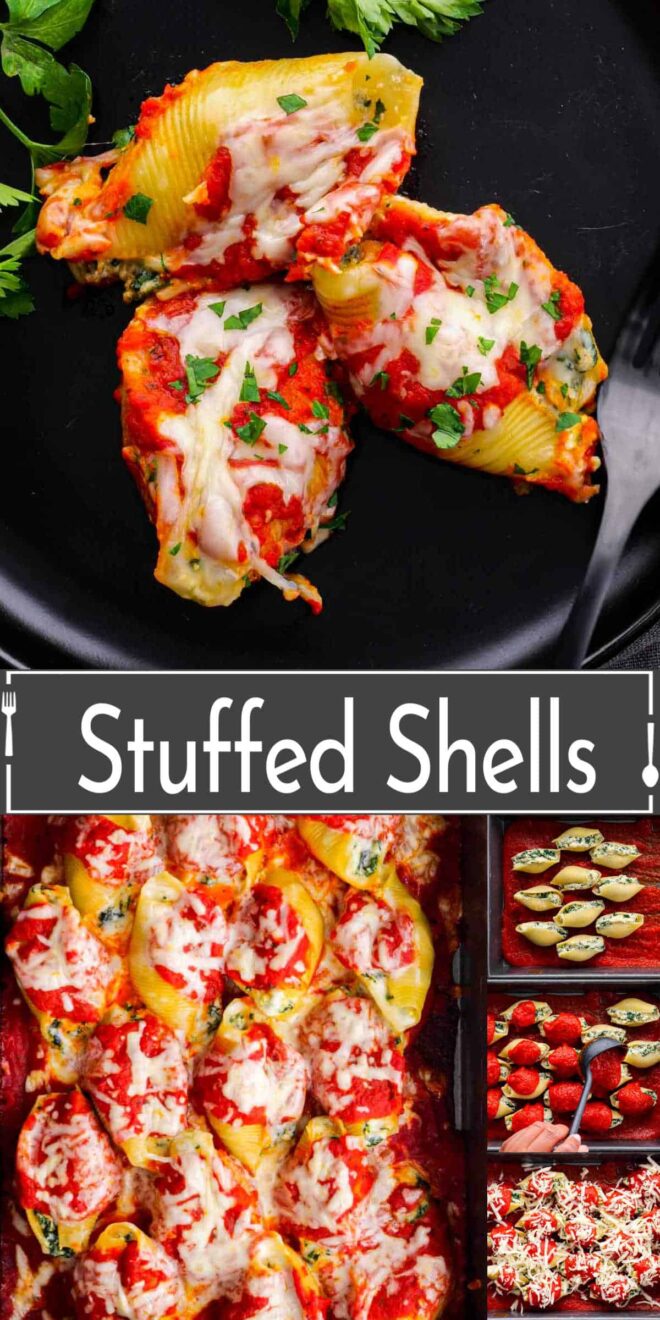 pinterest image of Stuffed Shells on a plate and how to arrange them in dish