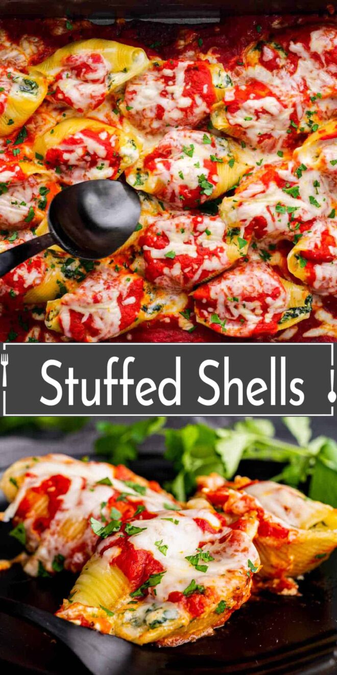 pinterest image of Stuffed Shells in casserole dish and plate