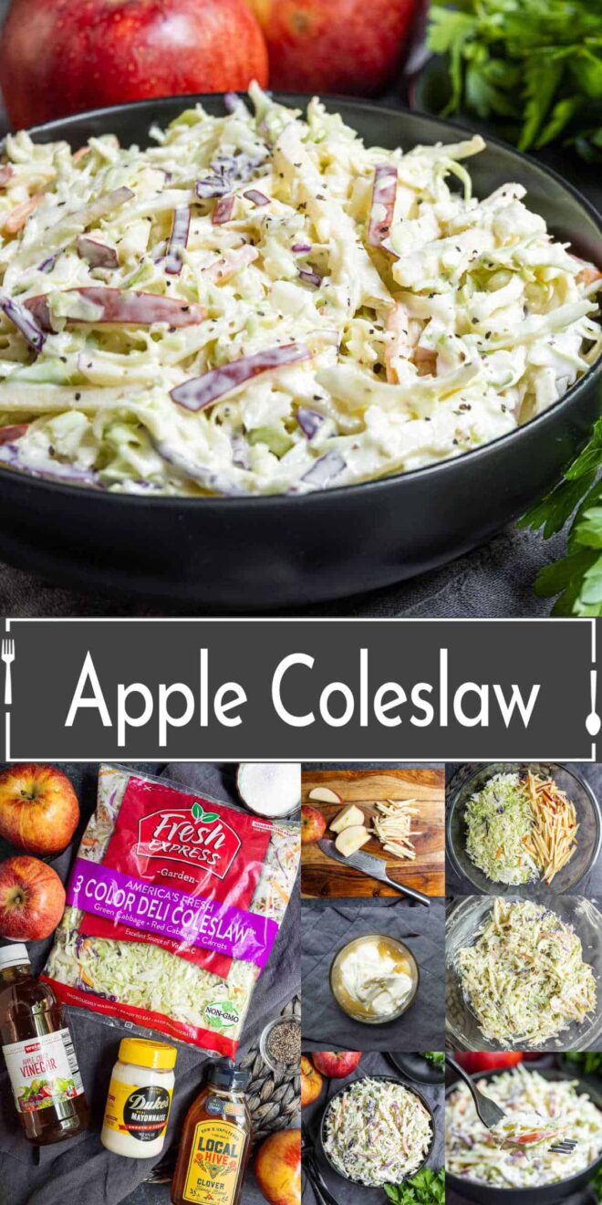 pinterest image of the steps to make Apple coleslaw and ingredients