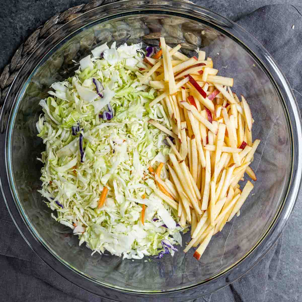 glass bowl of Apple coleslaw without dressing
