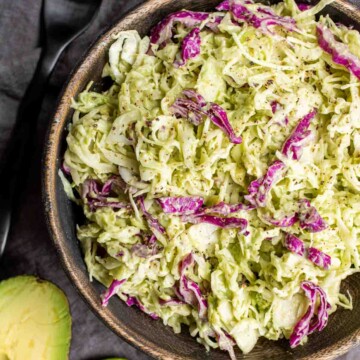 Avocado Keto Coleslaw in wooden bowl