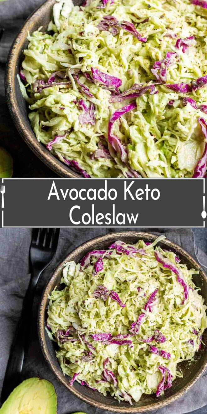 pinterest image of Avocado Keto Coleslaw in wooden bowl