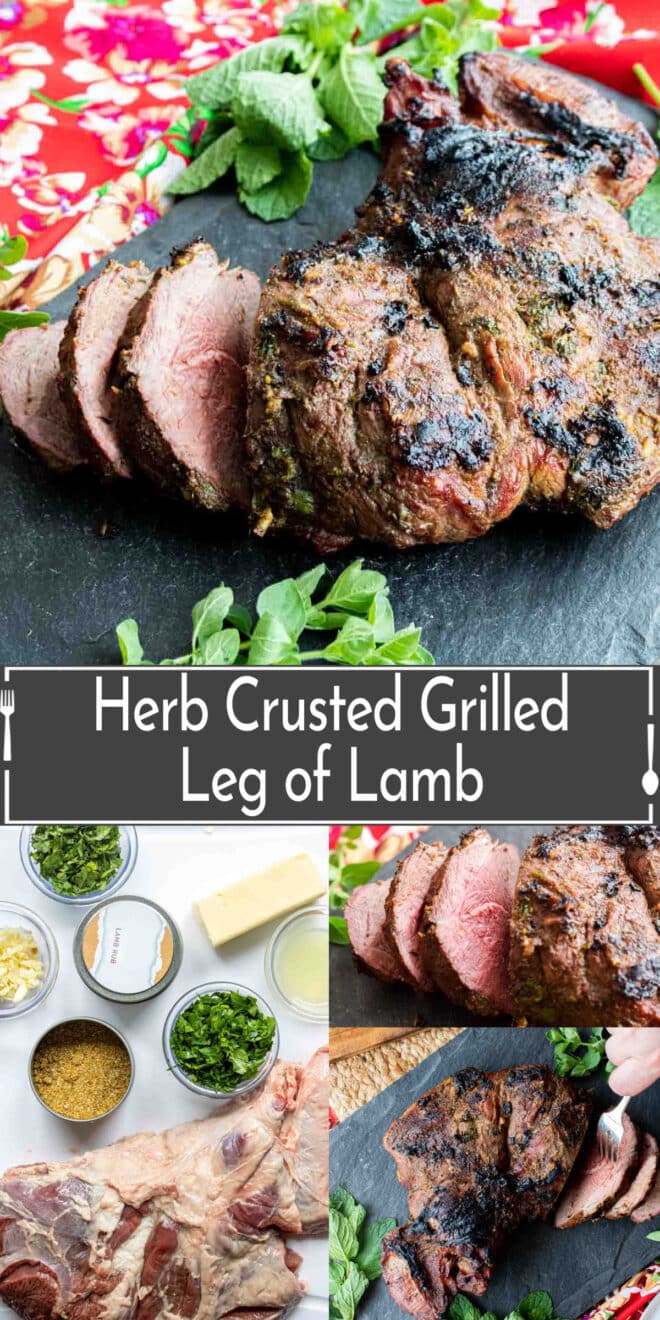 Pinterest image of grilled leg of lamb with title text