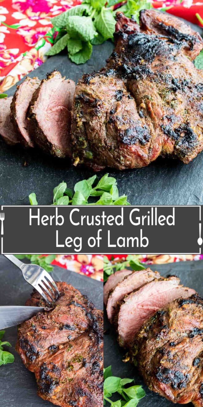 Pinterest image of grilled leg of lamb with title text