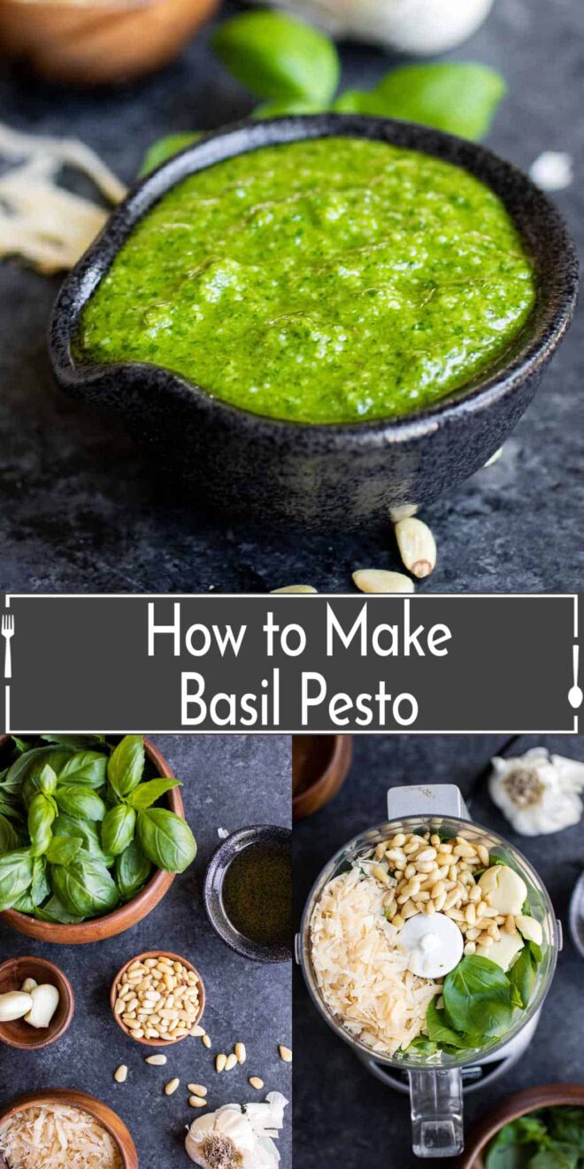pinterest image of ingredients and How to make basil pesto in food processor