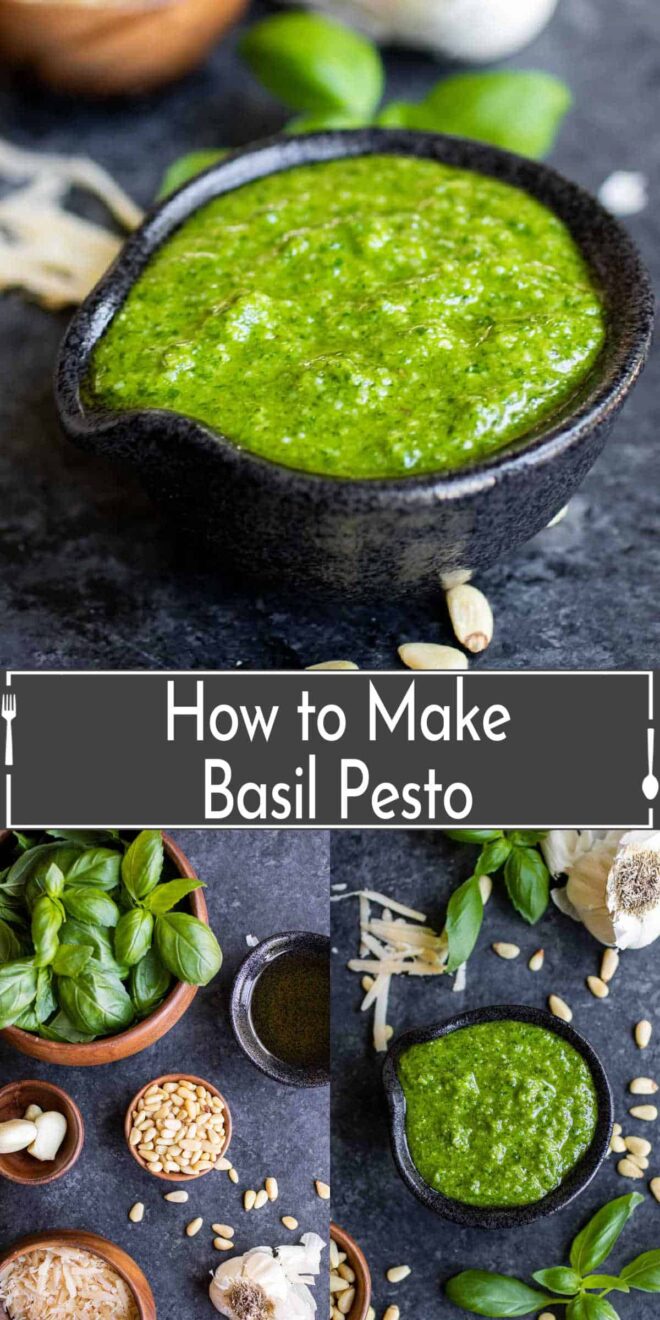 pinterest image of ingredients and How to make basil pesto
