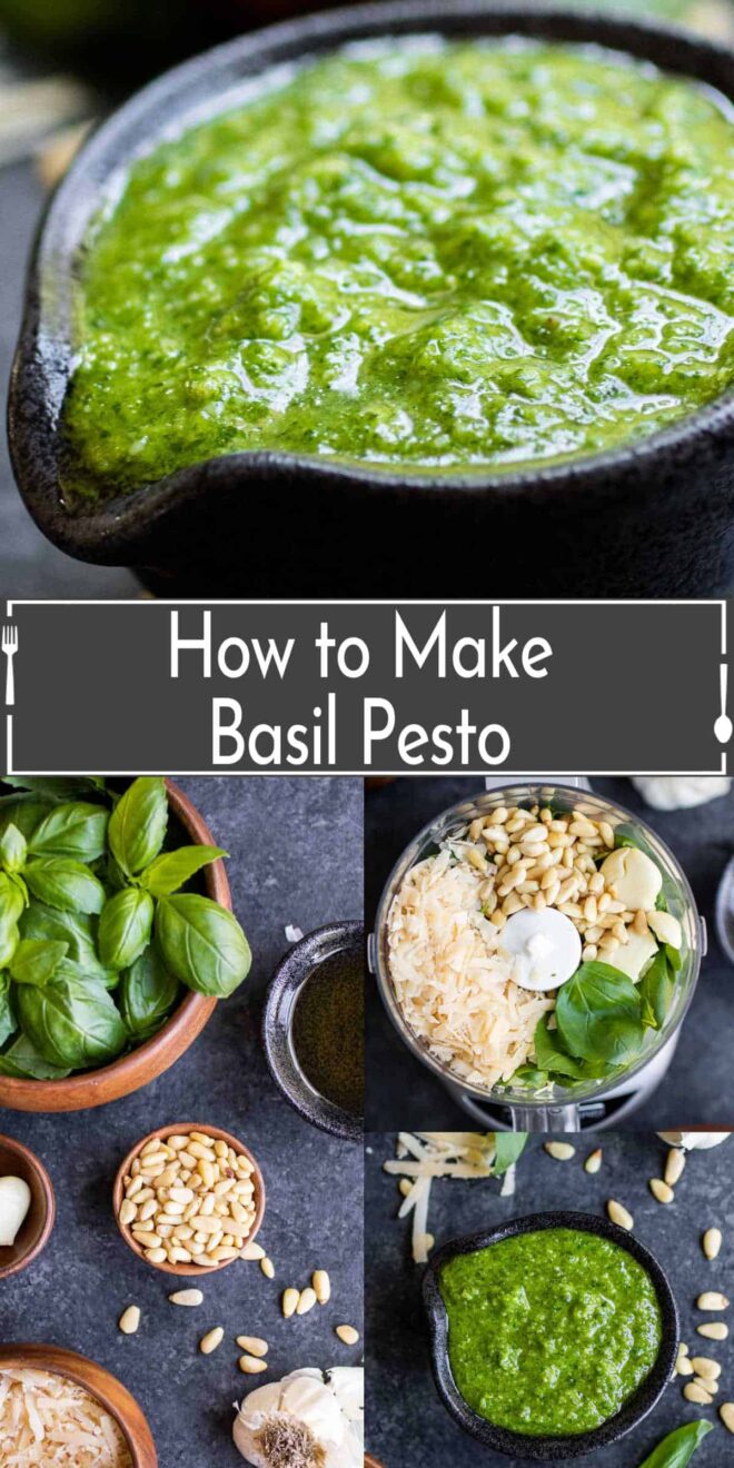 pinterest image of ingredients and steps on How to make basil pesto