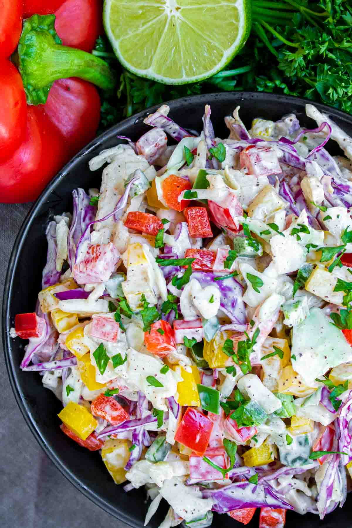 Spicy Jalapeno Coleslaw in a black bowl
