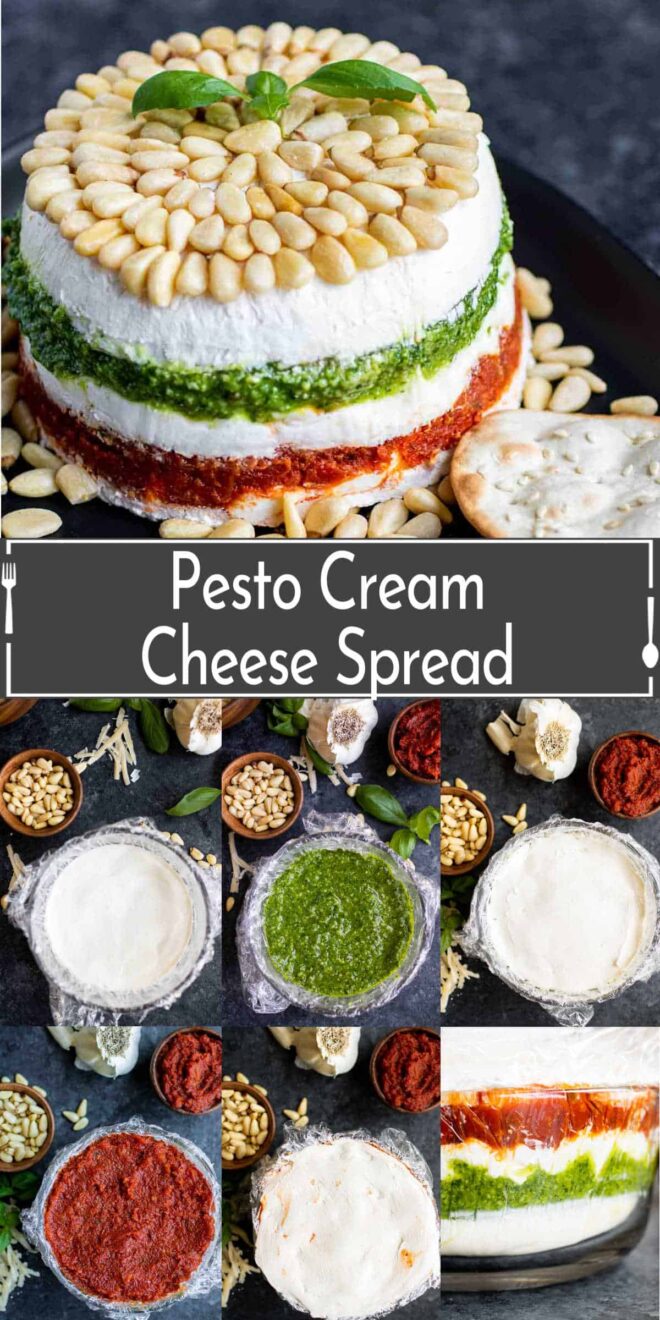 pinterest image of Pesto Cream Cheese Spread steps