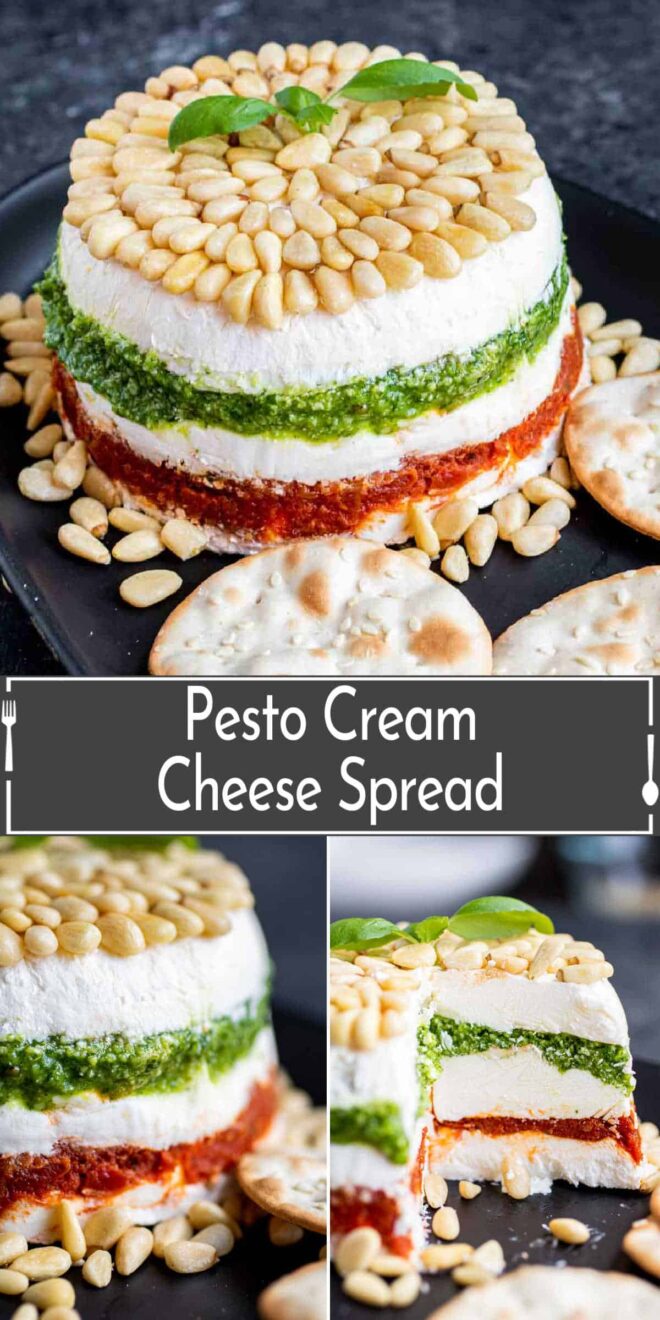 pinterest image of Pesto Cream Cheese Spread layers